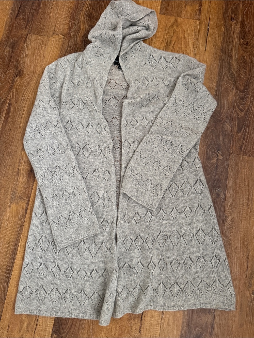 Women's 100% Cashmere Hooded Open-Front Pointelle Cardigan Sweater gray